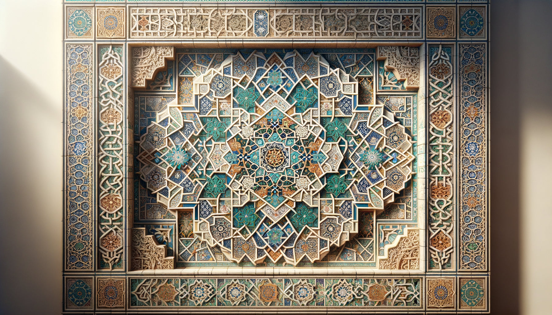 Décoration murale mauresque de l'Alhambra avec zelliges berbères et motifs géométriques islamiques, période nasride 13ème-14ème siècle