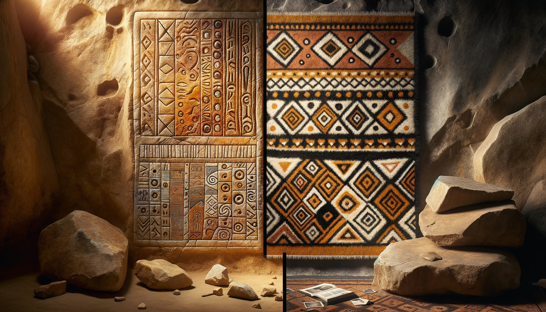 Comparaison visuelle entre motifs géométriques gravés dans grotte préhistorique européenne et tapis berbère traditionnel aux losanges similaires