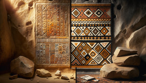 Comparaison visuelle entre motifs géométriques gravés dans grotte préhistorique européenne et tapis berbère traditionnel aux losanges similaires