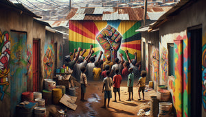 Fresque murale engagée contemporaine dans un bidonville de Nairobi, art communautaire coloré sur tôles ondulées, symboles de résistance sociale