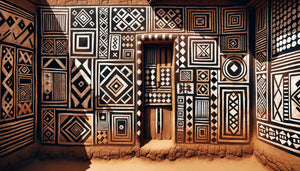 Mur traditionnel Bobo du Burkina Faso orné de motifs géométriques en damier noir et blanc, art mural spirituel ancestral