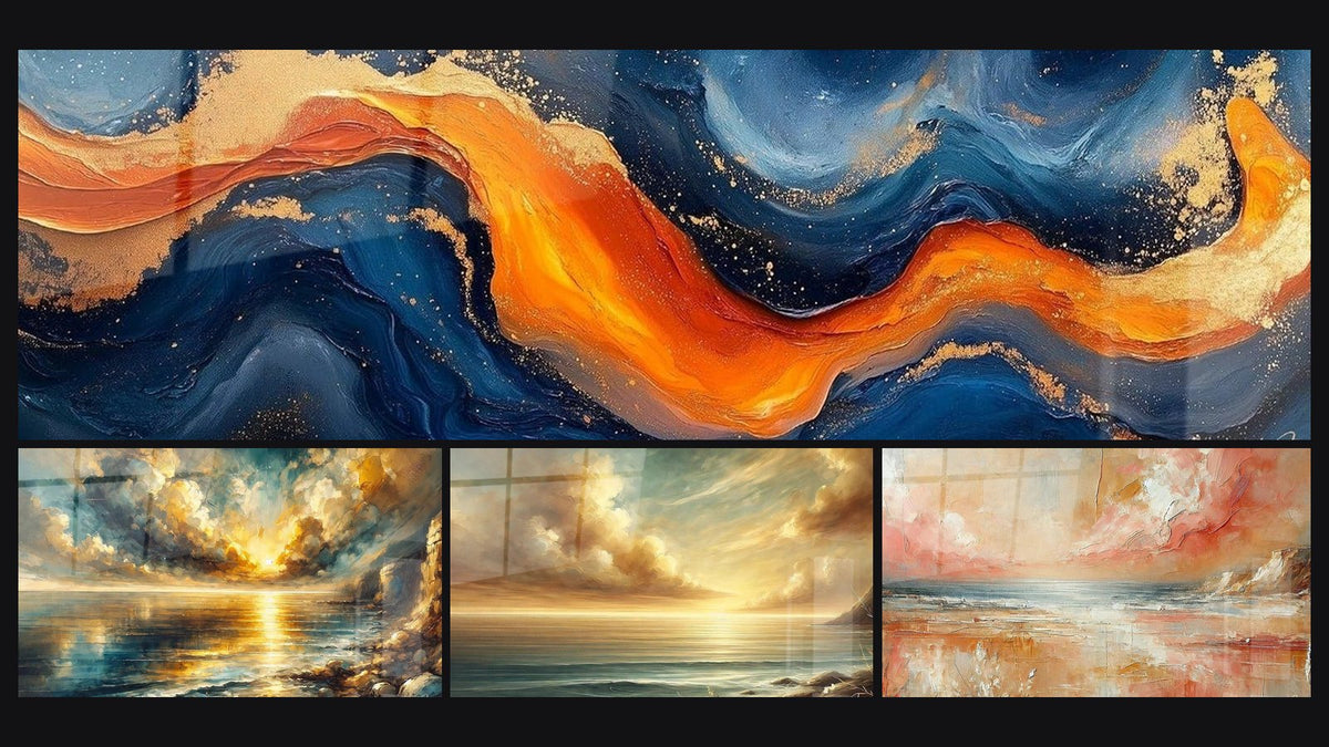 Mosaico di quattro quadri, tra cui Onde Crepuscolari Arancione, Crepuscolo Dorato e Dolcezza del Tramonto