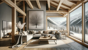 Art mural branches nues style minimaliste dans Airbnb montagne contemporain avec décor hivernal épuré