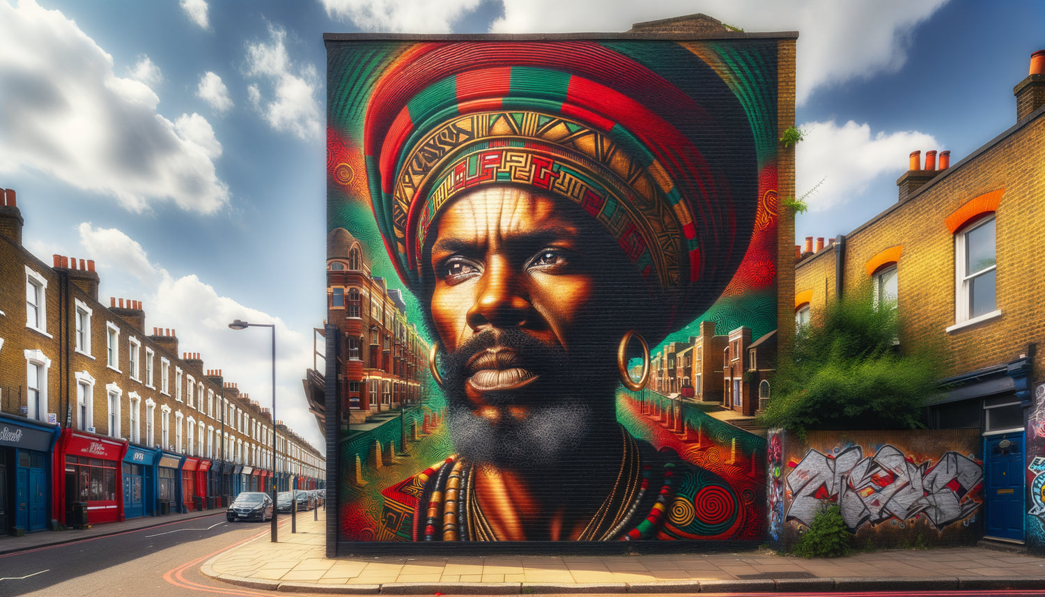 Fresque murale monumentale à Brixton Londres célébrant un héros de la diaspora africaine caribéenne, couleurs vives et motifs afrocentriques