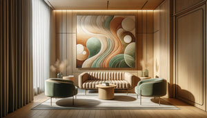 Salle d'attente de cabinet juridique avec art mural abstrait évoquant l'unité familiale par formes organiques douces et palette chaleureuse