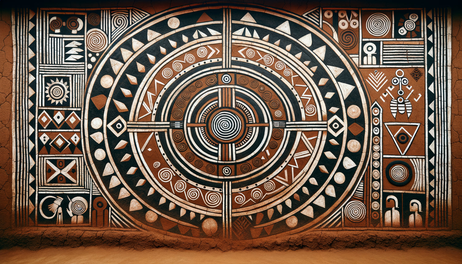 Art mural cérémoniel Bamiléké traditionnel du Cameroun utilisant rouge sang, blanc kaolin et noir de suie dans motifs géométriques ancestraux