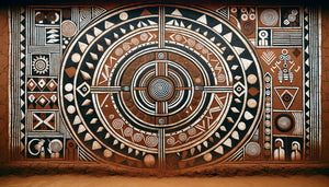 Art mural cérémoniel Bamiléké traditionnel du Cameroun utilisant rouge sang, blanc kaolin et noir de suie dans motifs géométriques ancestraux