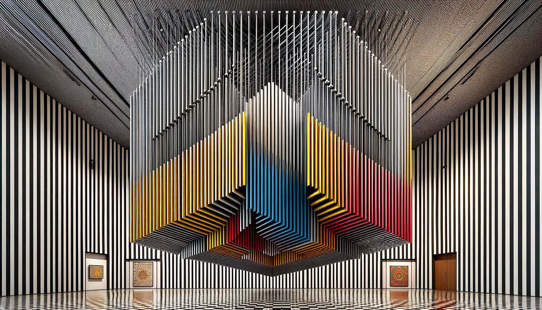 Œuvre murale cinétique vénézuélienne style Soto Cruz-Diez, géométrie optique vibratoire, lignes parallèles colorées, années 1960