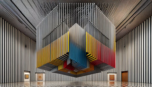 Œuvre murale cinétique vénézuélienne style Soto Cruz-Diez, géométrie optique vibratoire, lignes parallèles colorées, années 1960