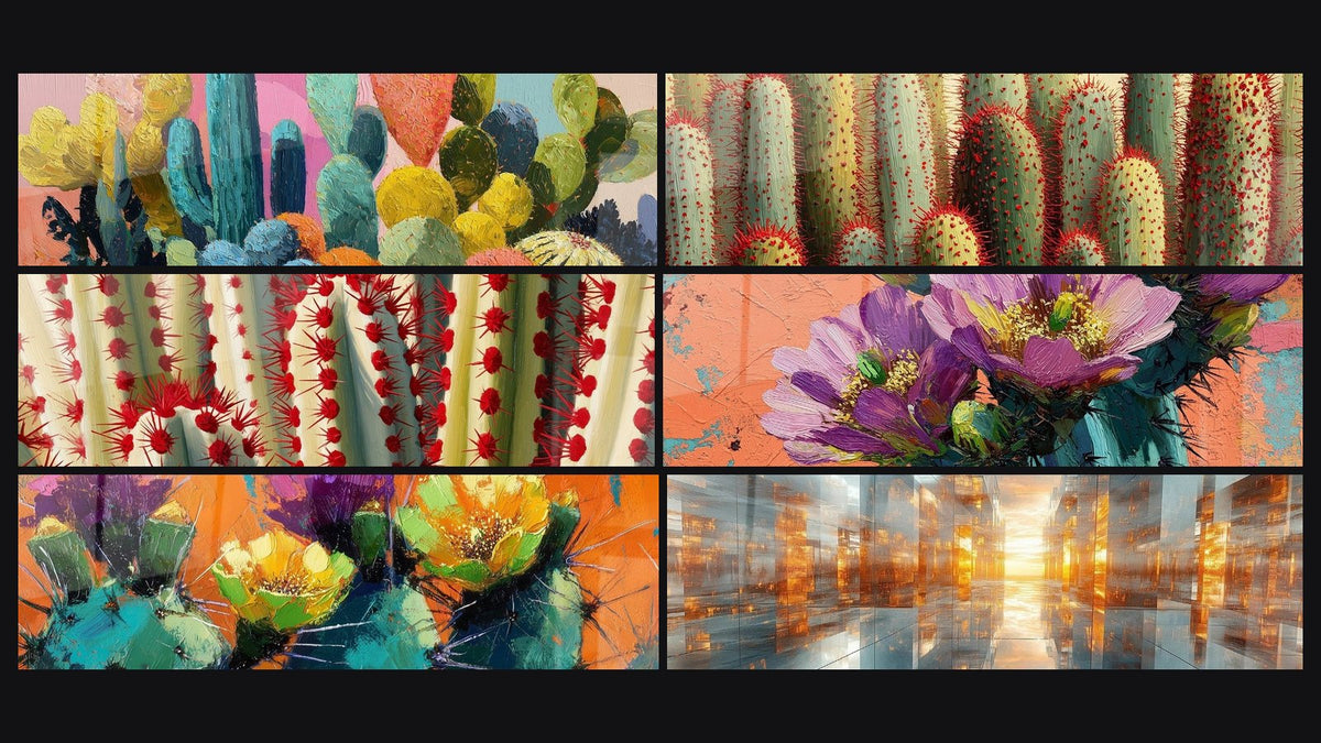 Mosaico di sei quadri, tra cui Cactus Multicolori Espressivi e Cactus dalle Spine Rosse su Fondo Crema