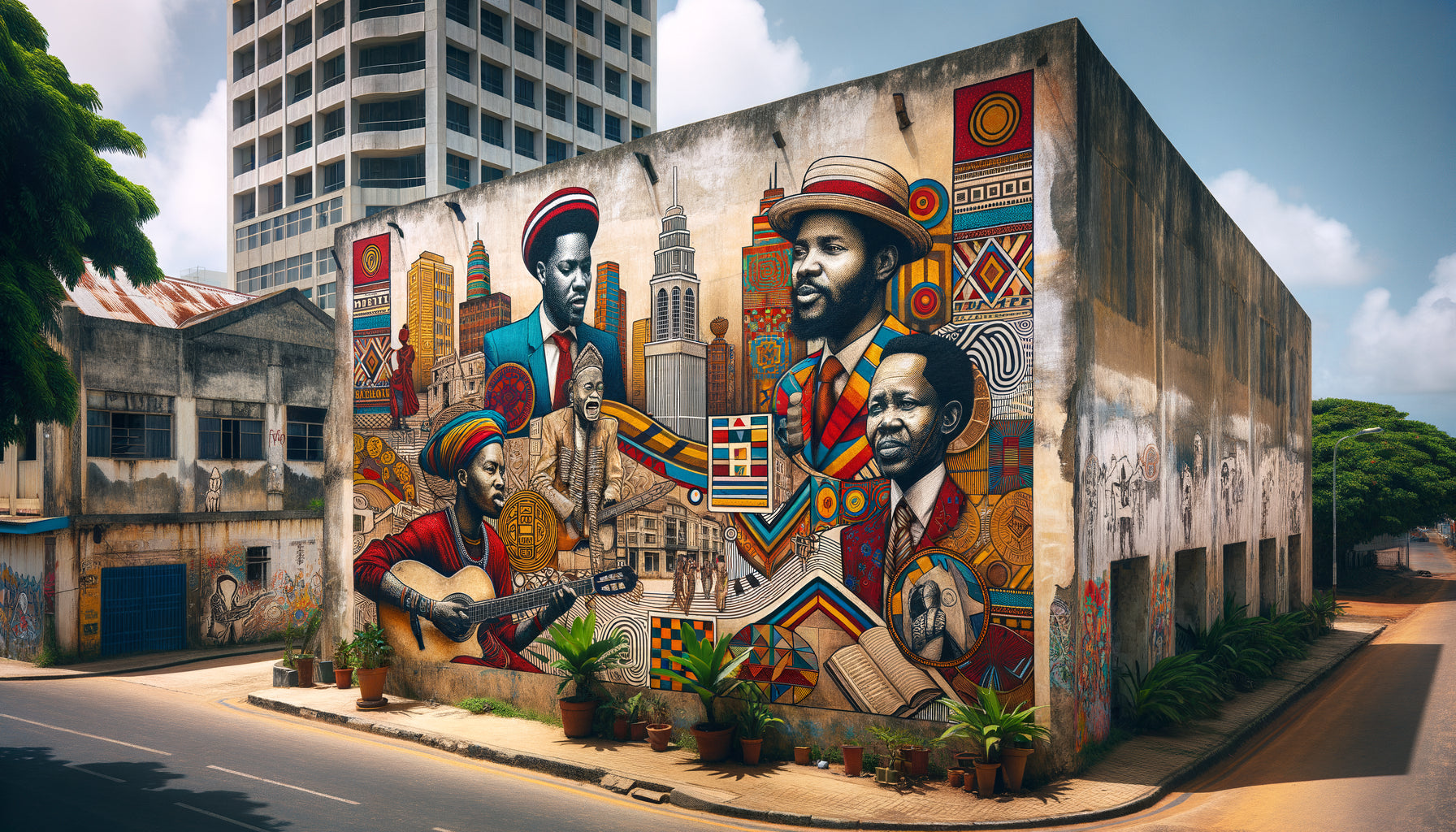 Fresque murale contemporaine à Kinshasa mêlant symboles précoloniaux, mémoire historique congolaise et hommages musicaux, art urbain kinois vivant