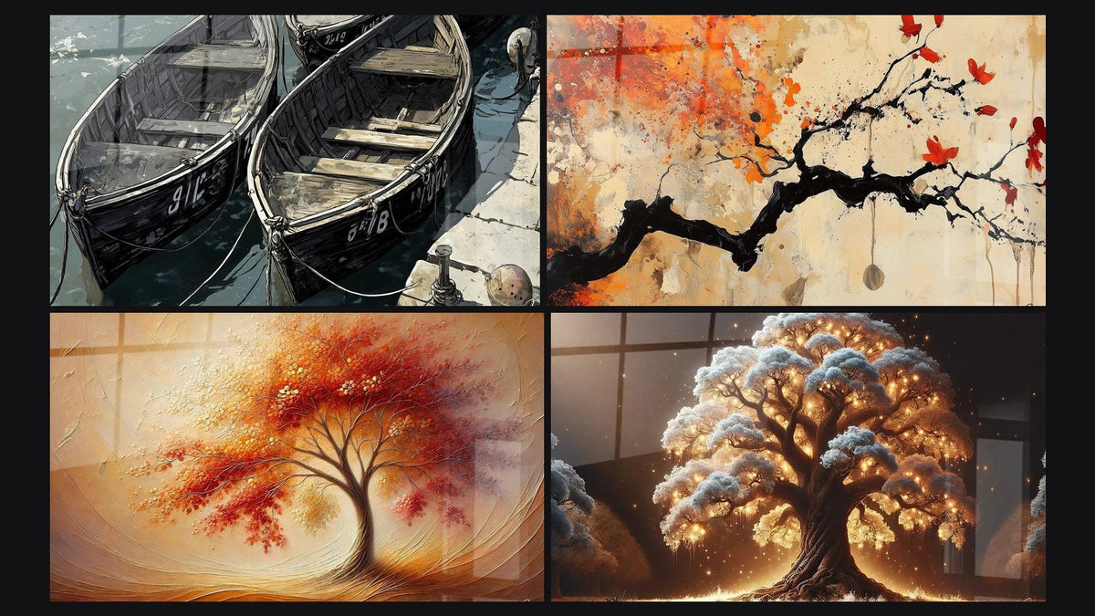 Mosaik aus vier Gemälden, darunter Hafentafel Nr. 2, Tanz der Jahreszeiten und Baum der Nacht
