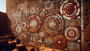Fresque murale traditionnelle dogon aux motifs géométriques ocre et blancs encodant leur cosmologie ancestrale, falaises de Bandiagara, Mali