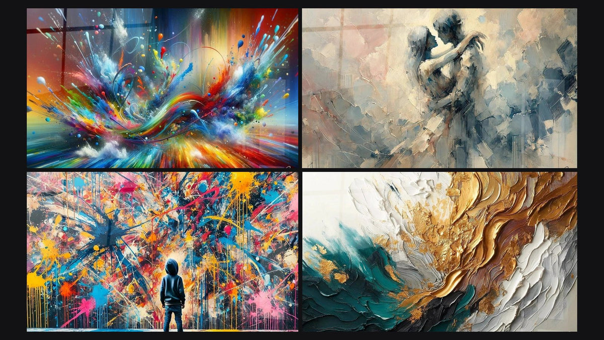Mosaico di quattro quadri, tra cui Big Bang Artistico Brillante, Schizzi di Pittura e Tra Noi