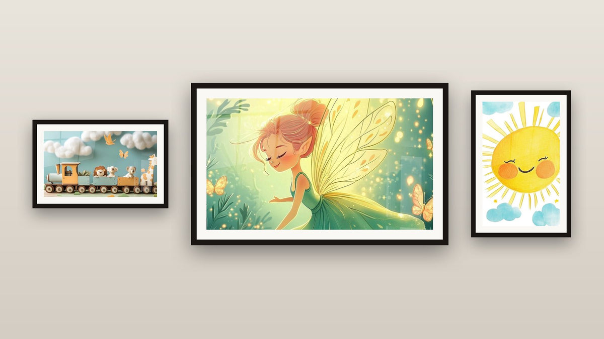 Gallery wall with three framed paintings, including Fairy Wall Art No. 3 and Children's Wall Art No. 21