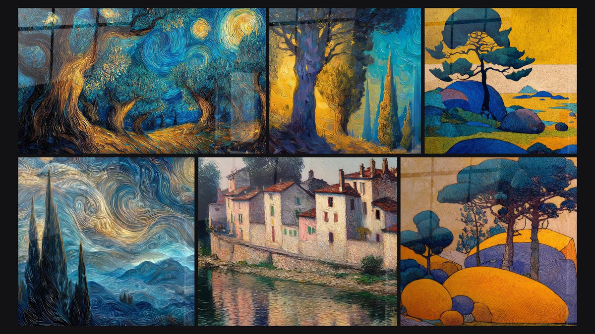 Mosaico di sei quadri, tra cui Albero cosmico di, Foresta misteriosa e Paesaggio notturno