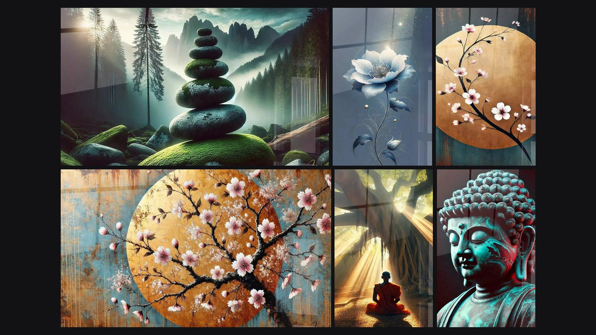 Mosaico di sei quadri, tra cui Equilibrio Forestale, Dolcezza Floreale e Tranquillità nella Foresta