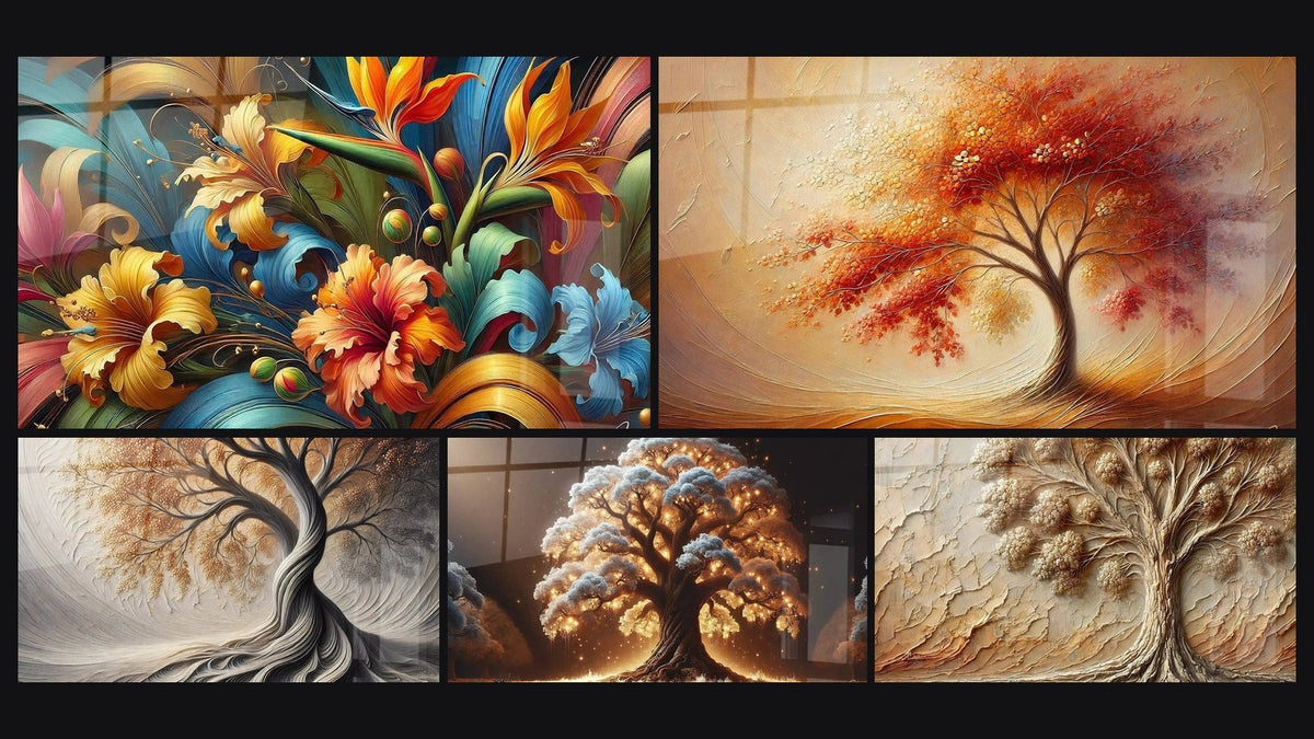 Mosaik aus fünf Gemälden, darunter Botanische Rhapsodie, Atem der Erde und Tanz der Jahreszeiten