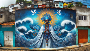 Fresque murale afro-brésilienne dans favela de Salvador représentant orixás yoruba avec symboles adinkra et couleurs rituelles vibrantes