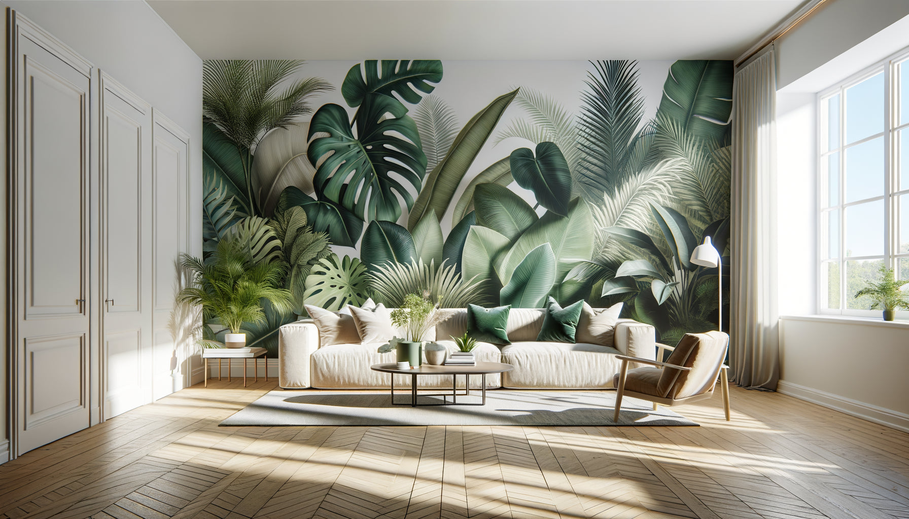 Salon Airbnb moderne avec art mural tropical XXL feuillage monstera couvrant le mur entier