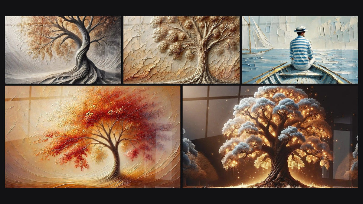 Mosaico di cinque quadri, tra cui Respiro della Terra, Danza delle Stagioni e Albero della Notte