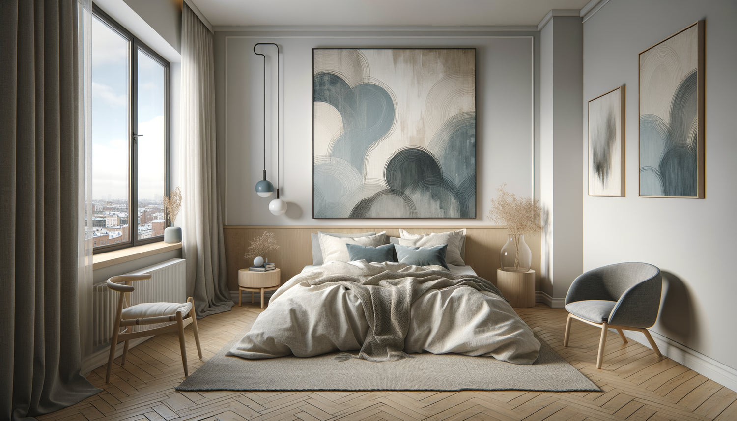 Chambre Airbnb scandinave avec art mural abstrait gris bleuté apaisant, design minimaliste nordique contemporain