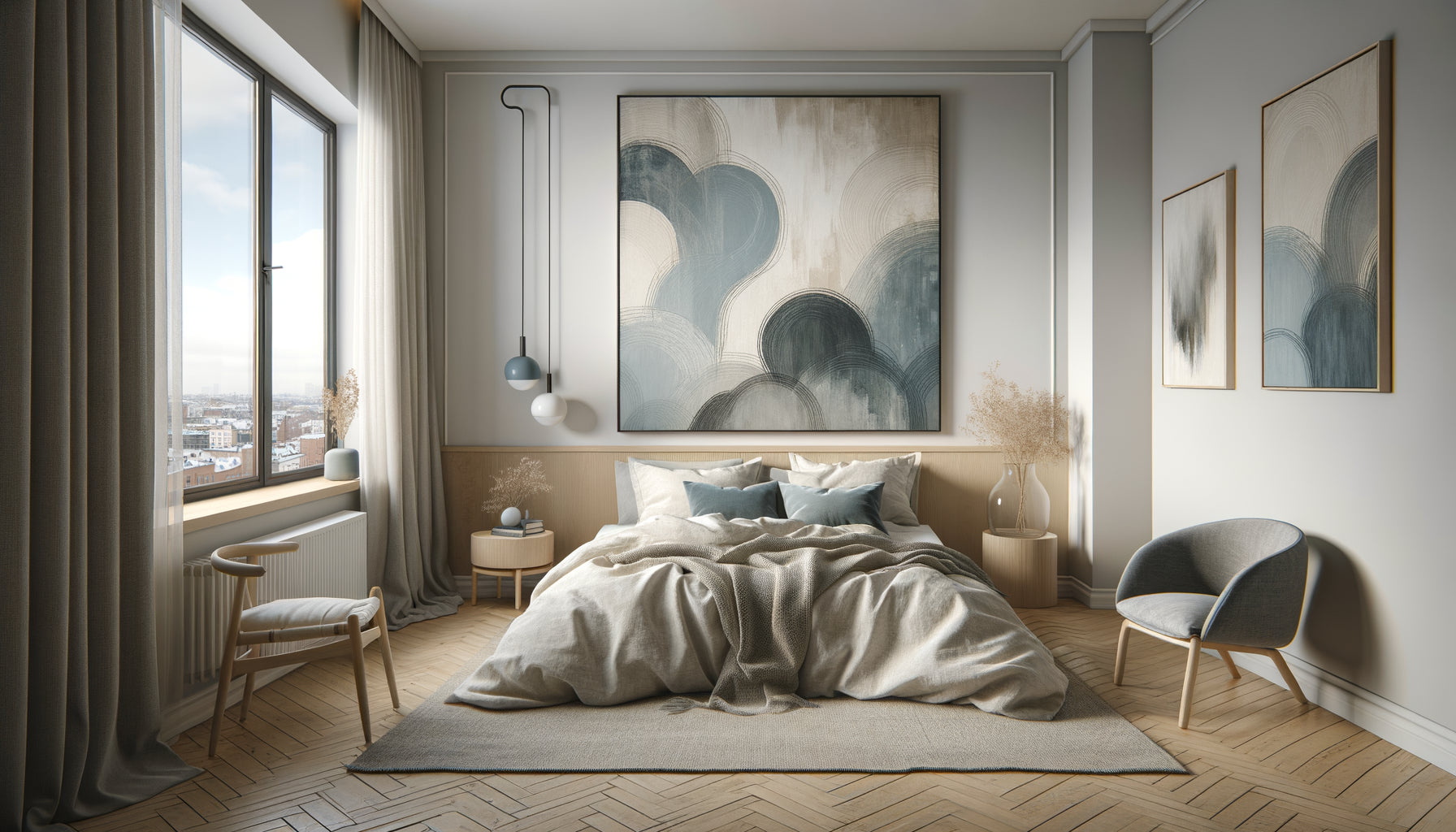Chambre Airbnb scandinave avec art mural abstrait gris bleuté apaisant, design minimaliste nordique contemporain