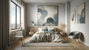 Chambre Airbnb scandinave avec art mural abstrait gris bleuté apaisant, design minimaliste nordique contemporain