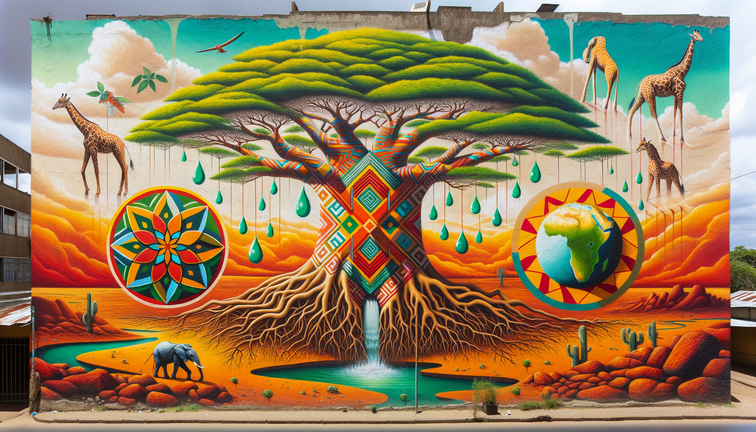 Art mural kenyan contemporain des années 2000 à Nairobi fusionnant esthétique africaine et thèmes environnementaux