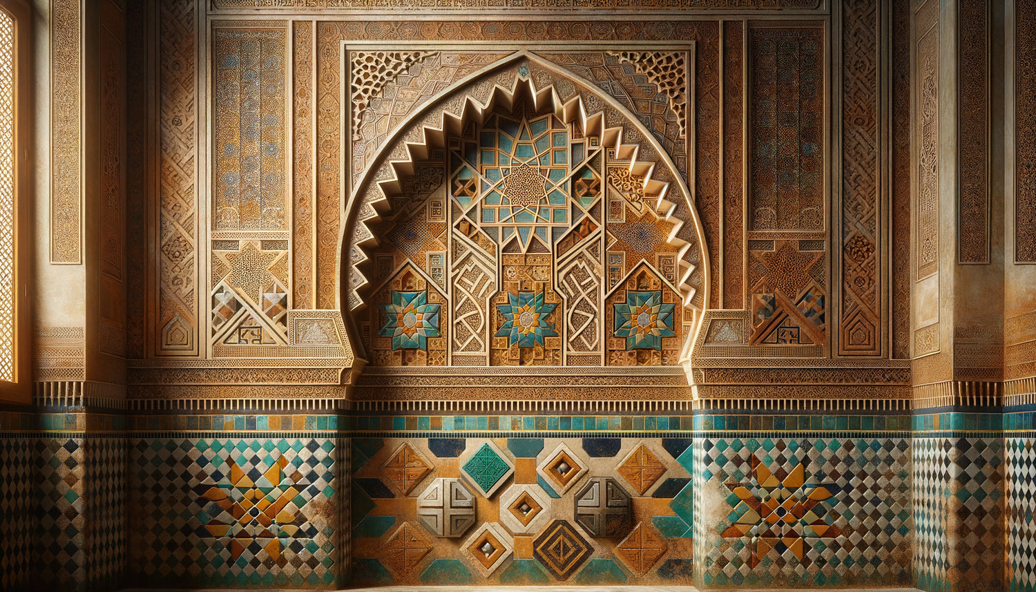 Art mural marocain fusionnant motifs géométriques berbères ancestraux et zelliges arabo-andalous aux couleurs éclatantes