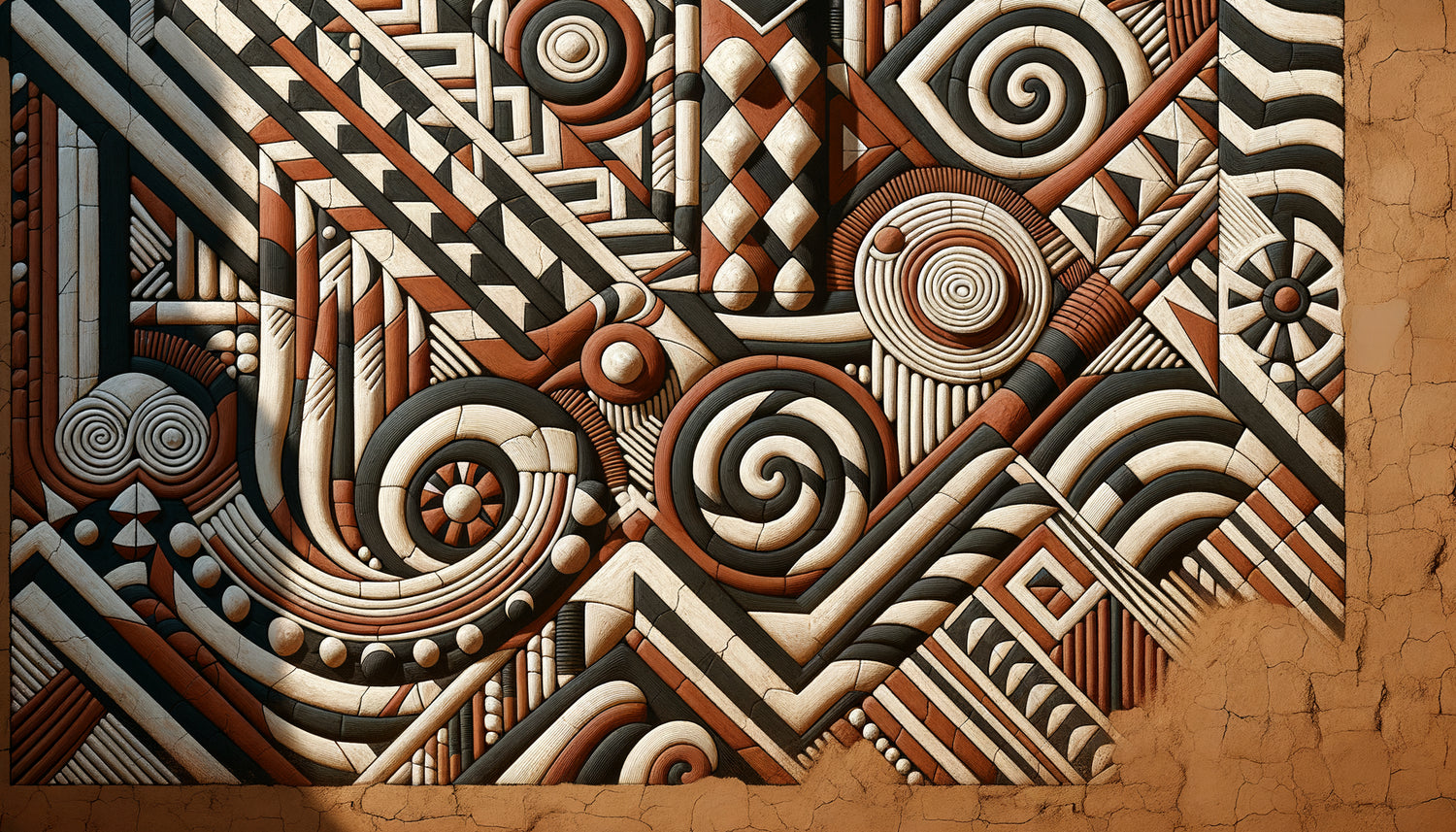 Art mural traditionnel Moba du Togo avec composition asymétrique dynamique en pigments naturels sur mur d'argile