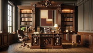 Bureau juridique avec mobilier traditionnel en bois massif et art mural contemporain harmonisé