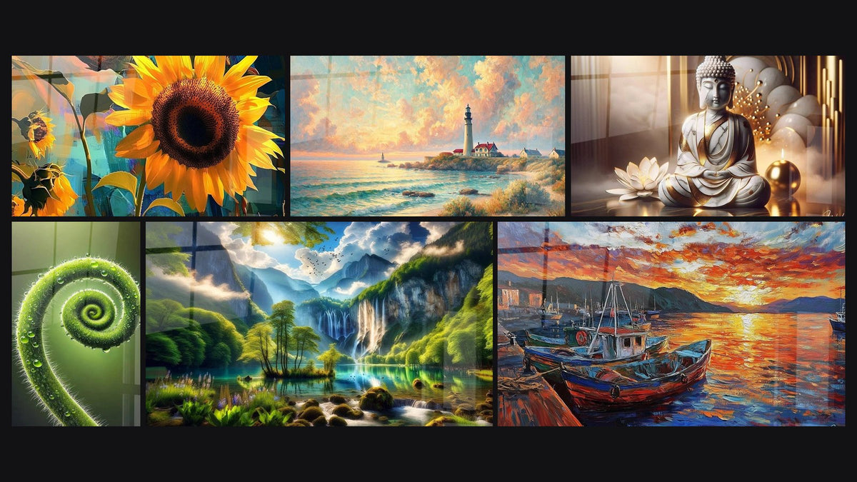 Mosaic of six paintings, including Sunflower Wall Art No. 1, Dawn Over the Lighthouse and Spiral of Life