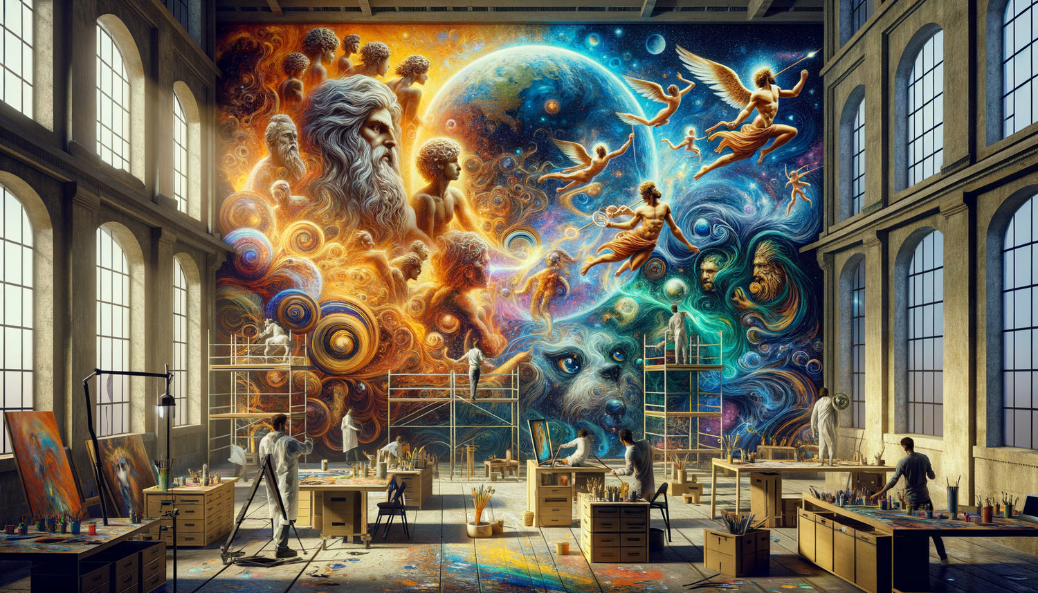 Artiste émergent créant une fresque murale mythologique contemporaine mêlant iconographie ancestrale et esthétique moderne 2025