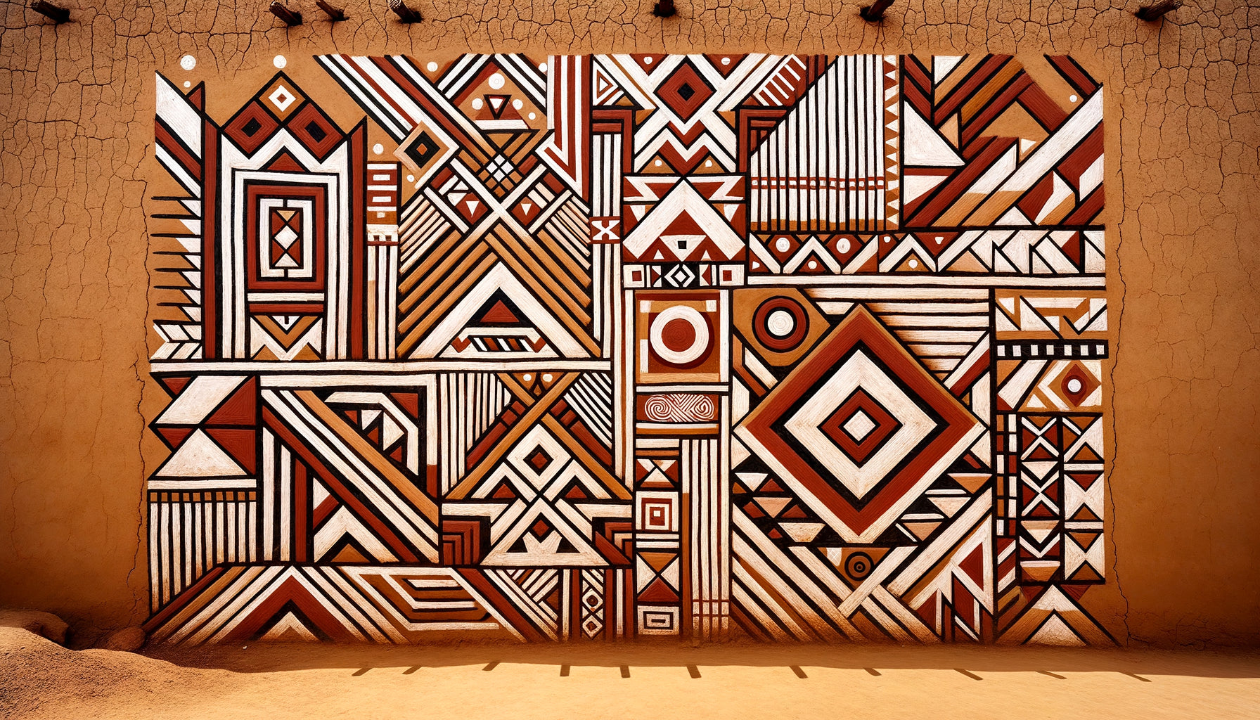 Fresque murale nilotique traditionnelle aux motifs géométriques linéaires purs, pigments naturels sur mur de terre