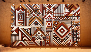 Fresque murale nilotique traditionnelle aux motifs géométriques linéaires purs, pigments naturels sur mur de terre