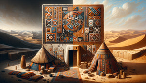 Contraste entre art mural nomade touareg textile géométrique et fresques monumentales sédentaires sur maisons de terre du Sahel