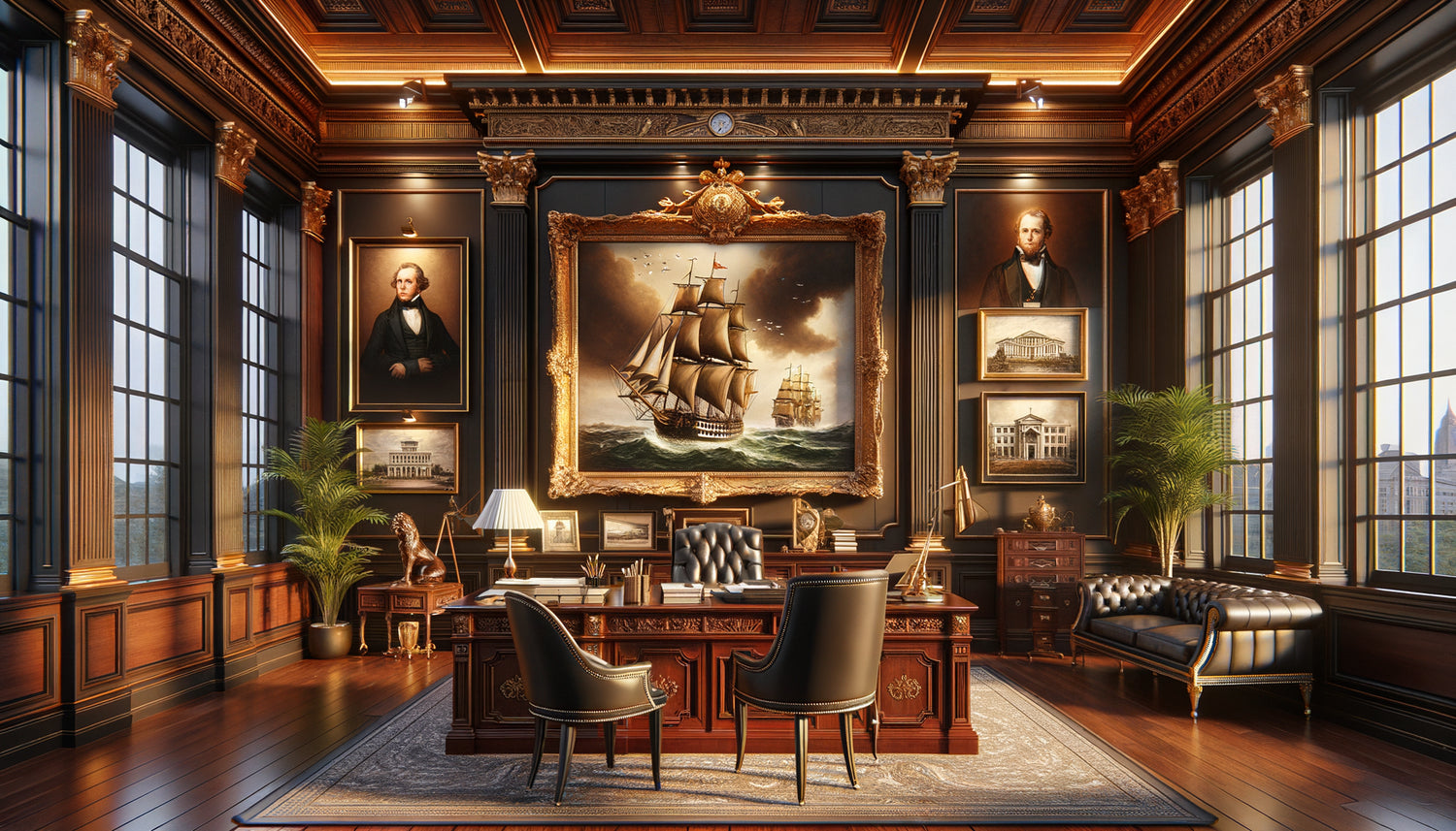 Bureau patrimonial avec marines classiques, gravures architecturales et portraits d'apparat dans un cadre institutionnel traditionnel