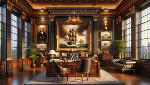 Bureau patrimonial avec marines classiques, gravures architecturales et portraits d'apparat dans un cadre institutionnel traditionnel