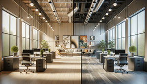 Comparaison visuelle entre bureau professionnel avec art standard générique et bureau avec art mural personnalisé distinctif