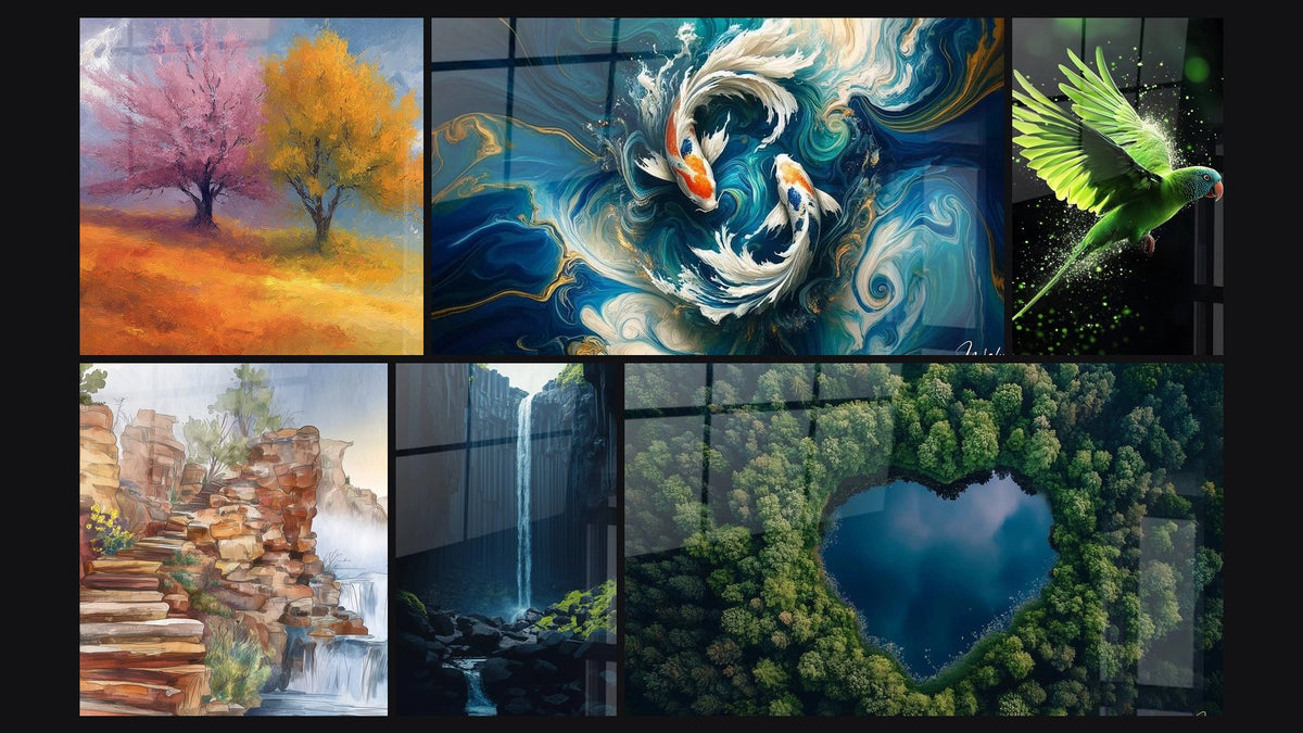 Mozaïek van zes schilderijen, waaronder Twee bomen herfst, Rotswaterval en Koi Dans