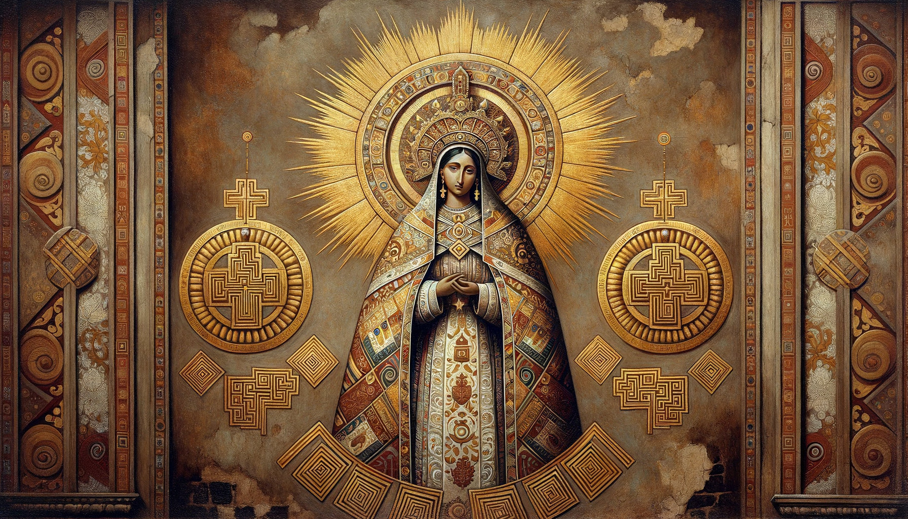 Fresque murale coloniale péruvienne fusionnant iconographie catholique et motifs géométriques andins incas traditionnels