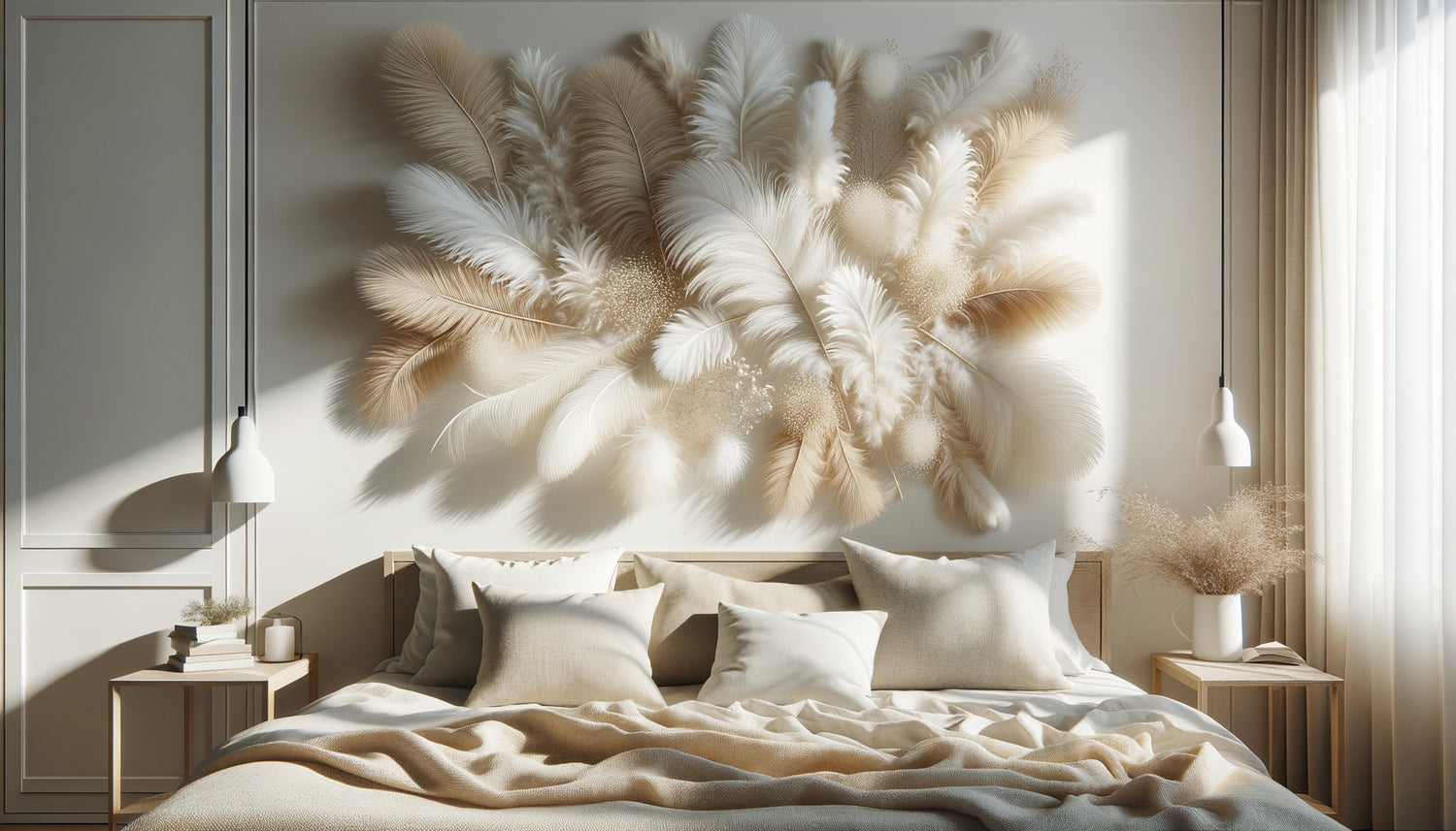 Art mural en plumes naturelles blanches et crème créant une décoration aérienne dans un intérieur Airbnb cocooning contemporain