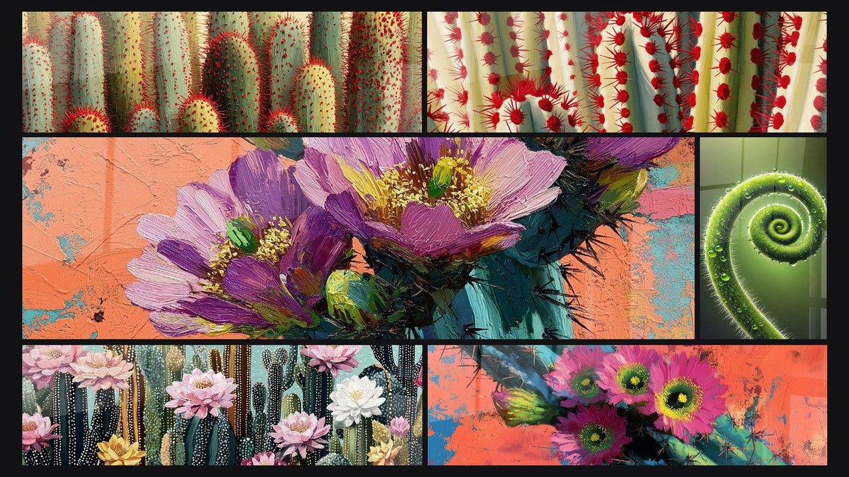 Mosaico di sei quadri, tra cui Cactus dalle Spine Rosse su Fondo Crema e Fiori viola su fondo corallo