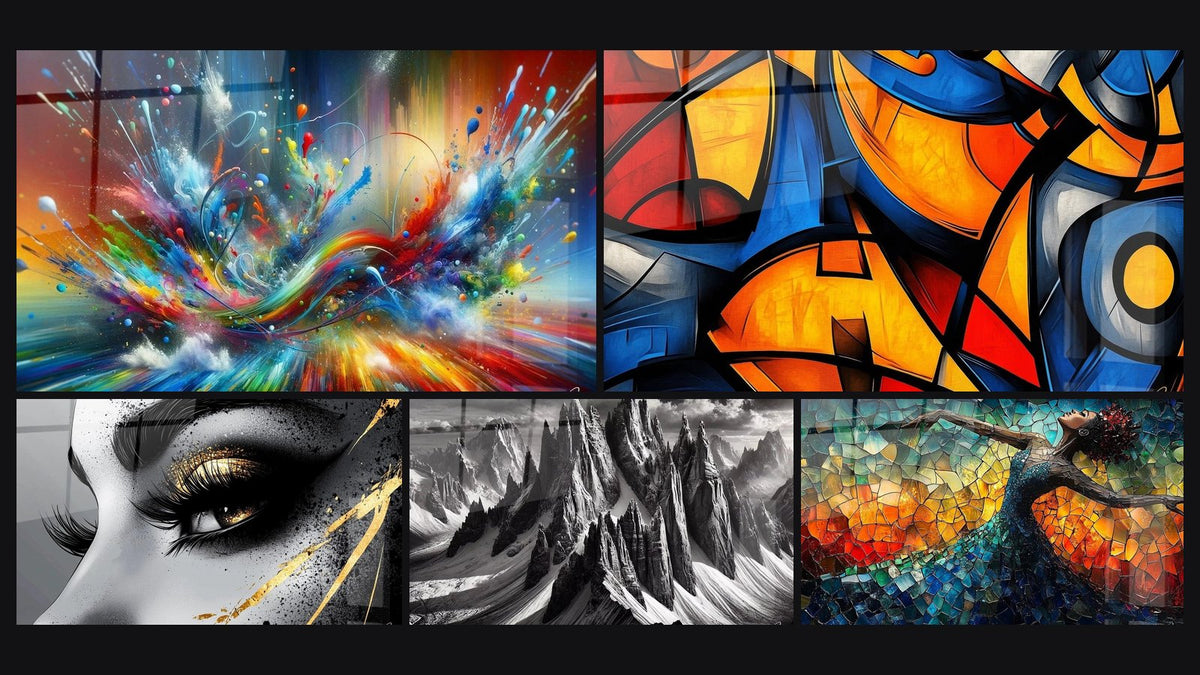 Mosaico di cinque quadri, tra cui Big Bang Artistico Brillante, Forme geometriche colorate di e Occhio lacrima d'oro