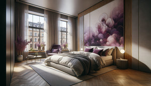 Chambre Airbnb moderne avec art mural abstrait prune et mauve, décoration féminine sophistiquée et urbaine