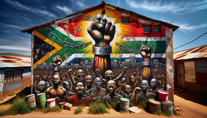Fresque murale de résistance anti-apartheid dans un township sud-africain, années 1980, couleurs pan-africaines et symboles de libération