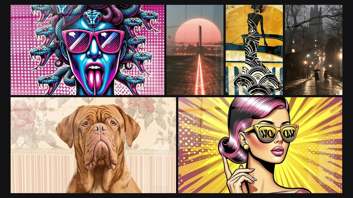 Mosaïque de six tableaux, dont Mythique Pop, Dogue de Bordeaux Portrait Floral et Route néon vers gratte-ciel corail