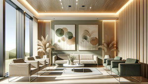 Salle d'attente professionnelle moderne avec art mural abstrait apaisant aux tons neutres et végétaux