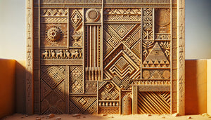 Façade murale sarakollé du Mali avec motifs géométriques en argile représentant les routes commerciales transsahariennes, art traditionnel soninké